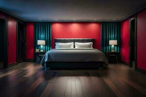 a bedroom with red walls and wood floors. AI-Generated photo