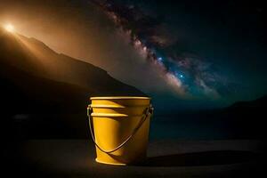 a bucket of water sits in front of a mountain and night sky. AI-Generated photo