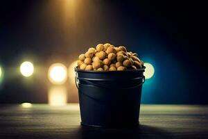 a bucket filled with peanuts on a table. AI-Generated photo