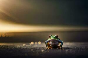 a frog sitting on the ground in front of the sun. AI-Generated photo