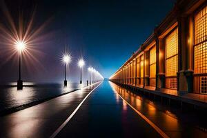 a long walkway with lights on the side of it. AI-Generated photo