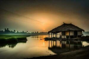 a hut sits on the shore of a river at sunset. AI-Generated photo