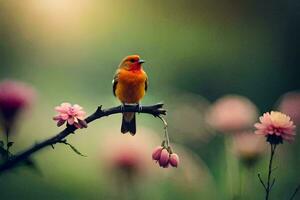 a bird sits on a branch in front of pink flowers. AI-Generated photo