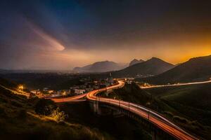 un largo exposición foto de un la carretera y montaña a puesta de sol. generado por ai