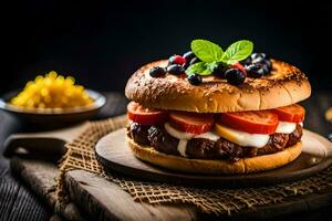 a hamburger with tomatoes, cheese and blueberries. AI-Generated photo