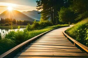 a wooden path leads to a lake and mountains at sunset. AI-Generated photo