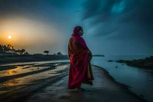 a woman in a red sari stands on the beach at sunset. AI-Generated photo