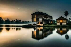 a house sits on the shore of a lake at sunset. AI-Generated photo