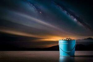 a bucket of gold coins on a table in front of a night sky. AI-Generated photo