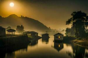 the sun rises over a river and some houses. AI-Generated photo