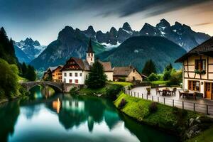 el pueblo de alpino casas y un río en el montañas. generado por ai foto