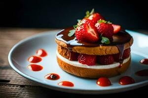a strawberry cake with chocolate sauce and strawberries. AI-Generated photo