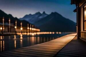 a wooden dock with lights on it in front of a mountain. AI-Generated photo