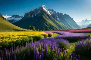 a field of flowers and mountains in the background. AI-Generated photo