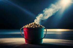 a bucket filled with peanuts and smoke. AI-Generated photo