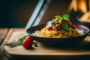 espaguetis con carne y vegetales en un bol. generado por ai foto