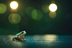 a frog sitting on the ground in front of a light. AI-Generated photo