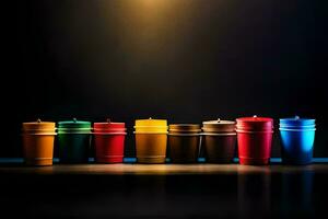 a row of colorful cups on a dark background. AI-Generated photo