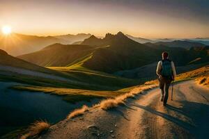 un persona caminando en un camino en el montañas. generado por ai foto