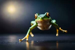 a frog is jumping on a dark background. AI-Generated photo