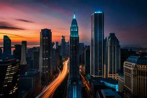 el ciudad horizonte a oscuridad con un azul cielo. generado por ai foto