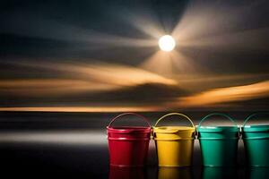 three buckets with a full moon in the background. AI-Generated photo