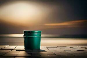 a green bucket sitting on a tiled floor near the ocean. AI-Generated photo