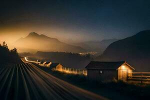 a train tracks in the mountains at night. AI-Generated photo