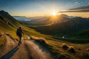a man walks on a path in the mountains. AI-Generated photo