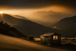 a small hut sits in the middle of a mountain. AI-Generated photo