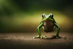 a frog is standing on the ground with its legs spread. AI-Generated photo