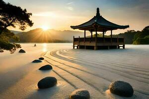 the japanese pavilion in the middle of the lake. AI-Generated photo