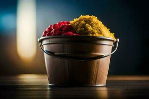 a bucket filled with ice cream and raspberries. AI-Generated photo