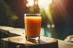 un vaso de naranja jugo en un de madera mesa. generado por ai foto