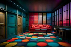 a colorful room with a red couch and colorful polka dots. AI-Generated photo