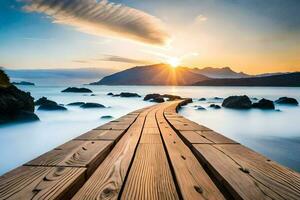 a wooden boardwalk leads to the ocean at sunset. AI-Generated photo