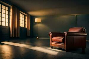 a chair in an empty room with sunlight streaming in. AI-Generated photo