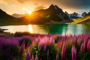 the sun rises over a lake and purple flowers in the mountains. AI-Generated photo