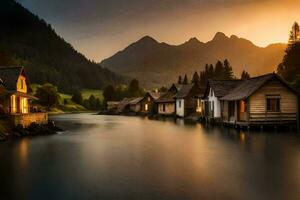 photo wallpaper the sky, mountains, water, houses, the sun, the mountains, the water. AI-Generated