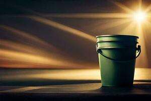 a bucket sitting on a wooden table with the sun shining. AI-Generated photo