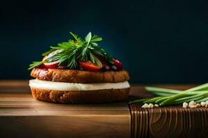 a sandwich with cheese, strawberries and herbs on a wooden table. AI-Generated photo