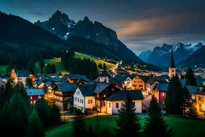 un pueblo en el montañas a noche. generado por ai foto