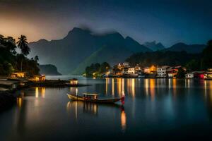 a boat sits on the water at night in front of a mountain. AI-Generated photo