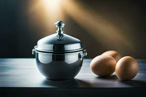 eggs and a silver container on a table. AI-Generated photo