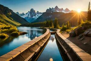 the sun rises over a mountain lake and a walkway. AI-Generated photo