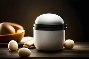 an egg container with eggs on a table. AI-Generated photo