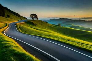 a winding road in the mountains with green hills. AI-Generated photo