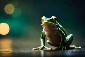 a frog sitting on a wooden table with a blurry background. AI-Generated photo