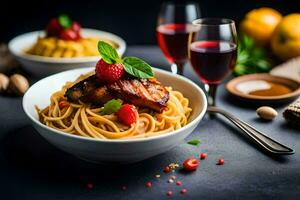 spaghetti with meat and vegetables in a bowl. AI-Generated photo