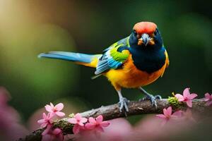 a colorful bird sits on a branch with pink flowers. AI-Generated photo